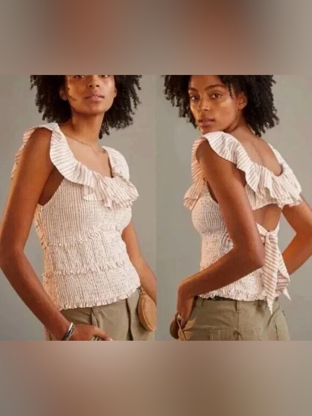 Anthropologie Ruffle Neutral Striped Smocked Cut-Out Blouse- Size Small